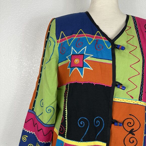 Indigo Moon Jacket Women Medium Patchwork Embroidered Boho Artsy Lagenlook - Picture 4 of 11